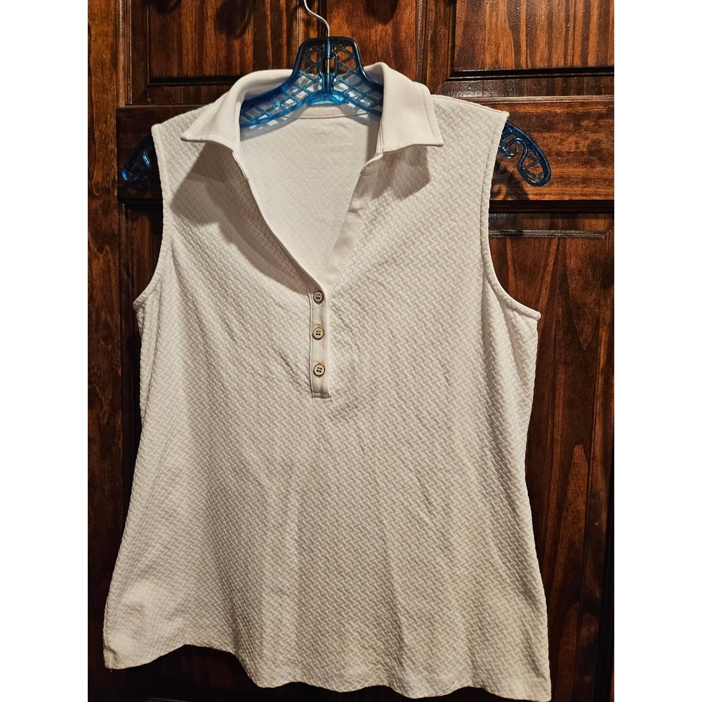J Mclaughlin Womens Medium White Polo Half Button Up Tank Top Geo Weave